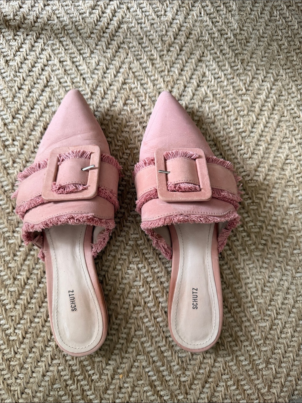 Schutz Pink Frayed Buckle Pointed Toe Mules Size 8